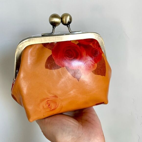 Handmade Vintage Style Genuine Leather Floral Print Purse/Wristlet/Crossbody - Picture 7 of 16